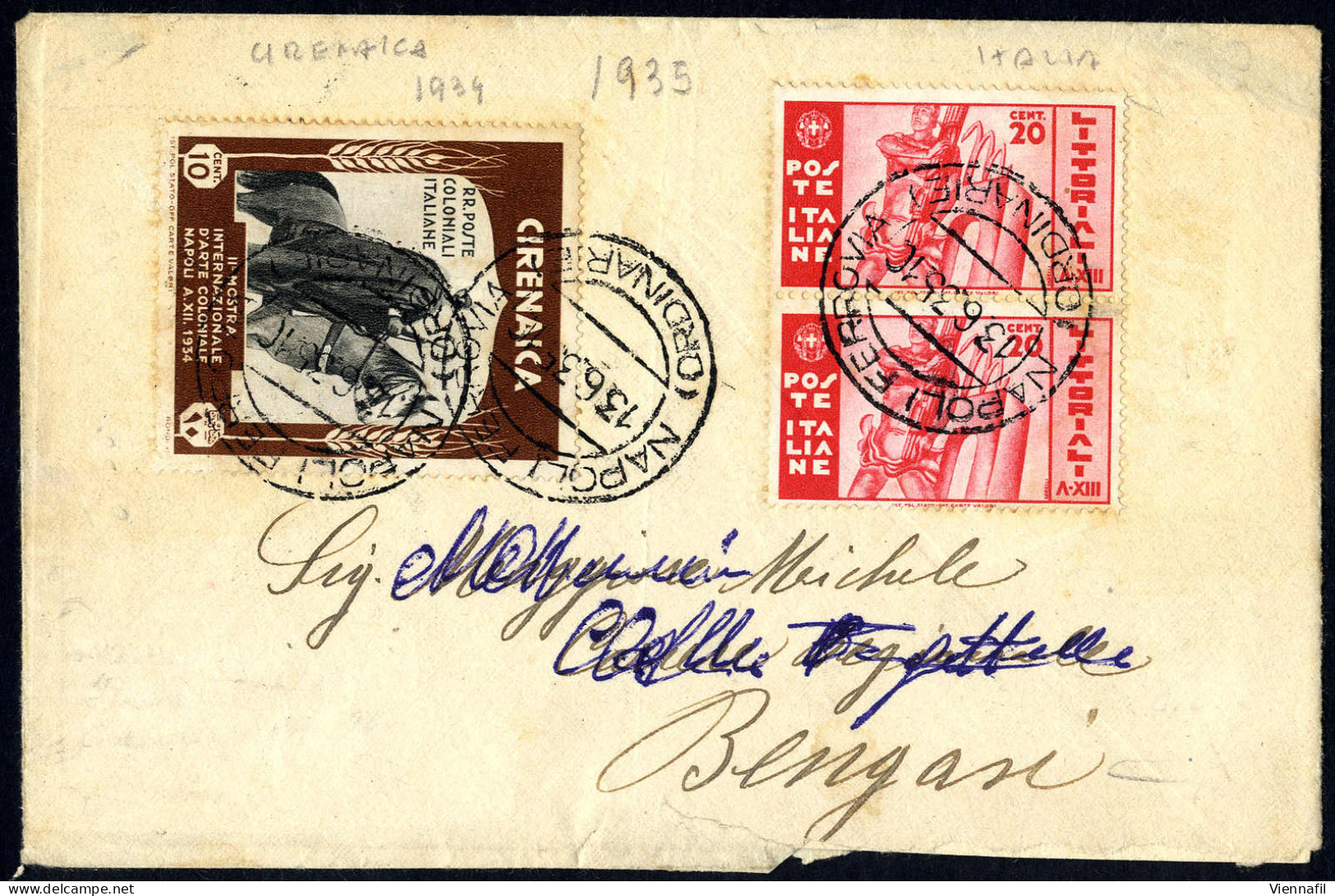 Cover 1935, Lettera Da Napoli Il 13.6.35 Per Bengasi Affrancata Per 50 C., Affrancatura Mista Italia E Cirenaica - Cirenaica