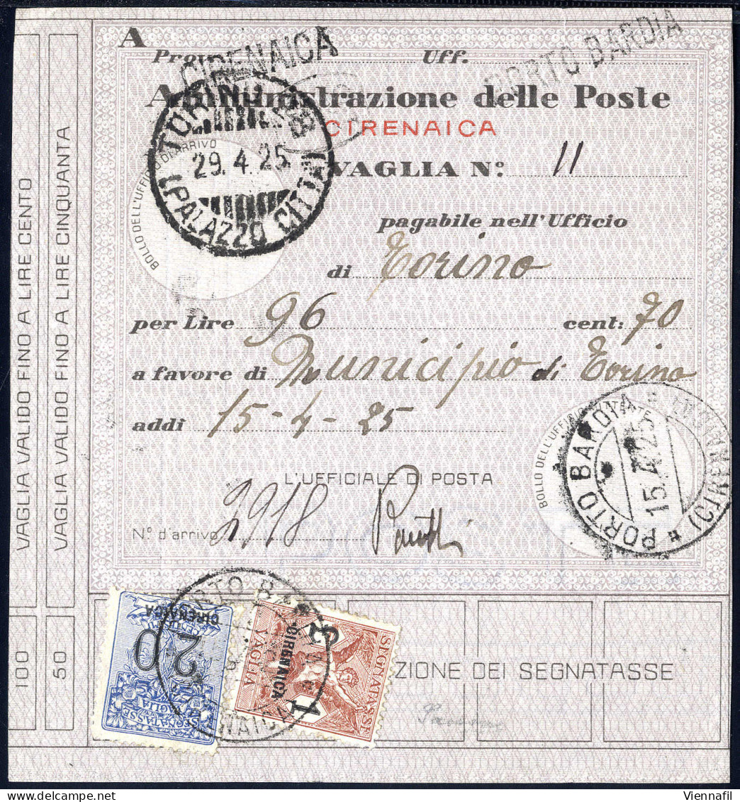 Cover 1925, Segnatasse Per Vaglia, 20 C. Azzurro E 1 L. Bruno Rosso Su Vaglia Da Porto Bardia Il 15.4, Sass. 1,4 / 1200, - Cirenaica