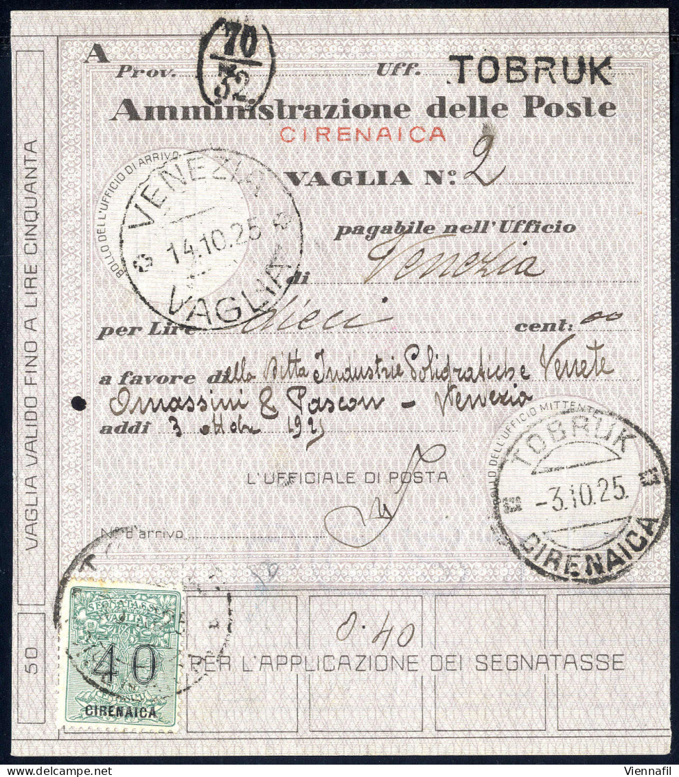 Cover 1925, Segnatasse Per Vaglia, 40 C. Verde Su Vaglia Da Tobruk Il 3.10., Sass. 2 / 550,- - Cirenaica