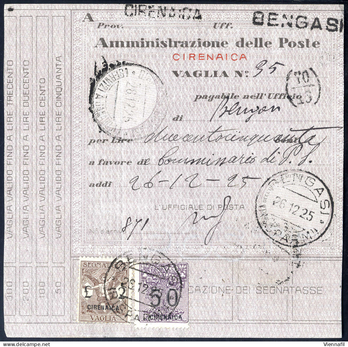 Cover 1925, Segnatasse Per Vaglia, 50 C. Violetto E 2 L. Bruno Su Vaglia Da Bengasi Il 26.12, Sass. 3,5 / 800,- - Cirenaica