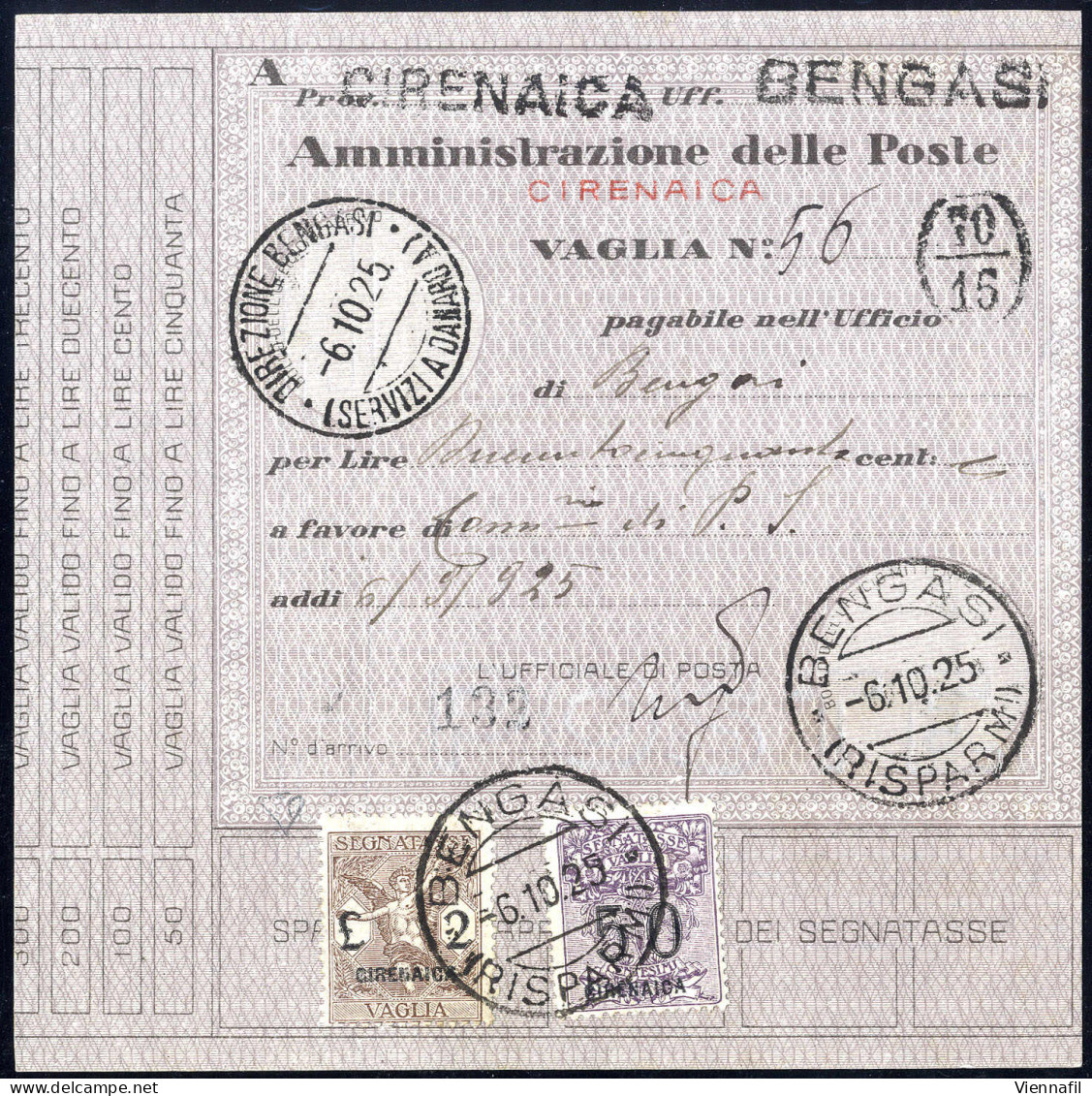 Cover 1925, Segnatasse Per Vaglia, 50 C. Violetto E 2 L. Bruno Su Vaglia Da Bengasi Il 6.10, Sass. 3,5 / 800,- - Cirenaica