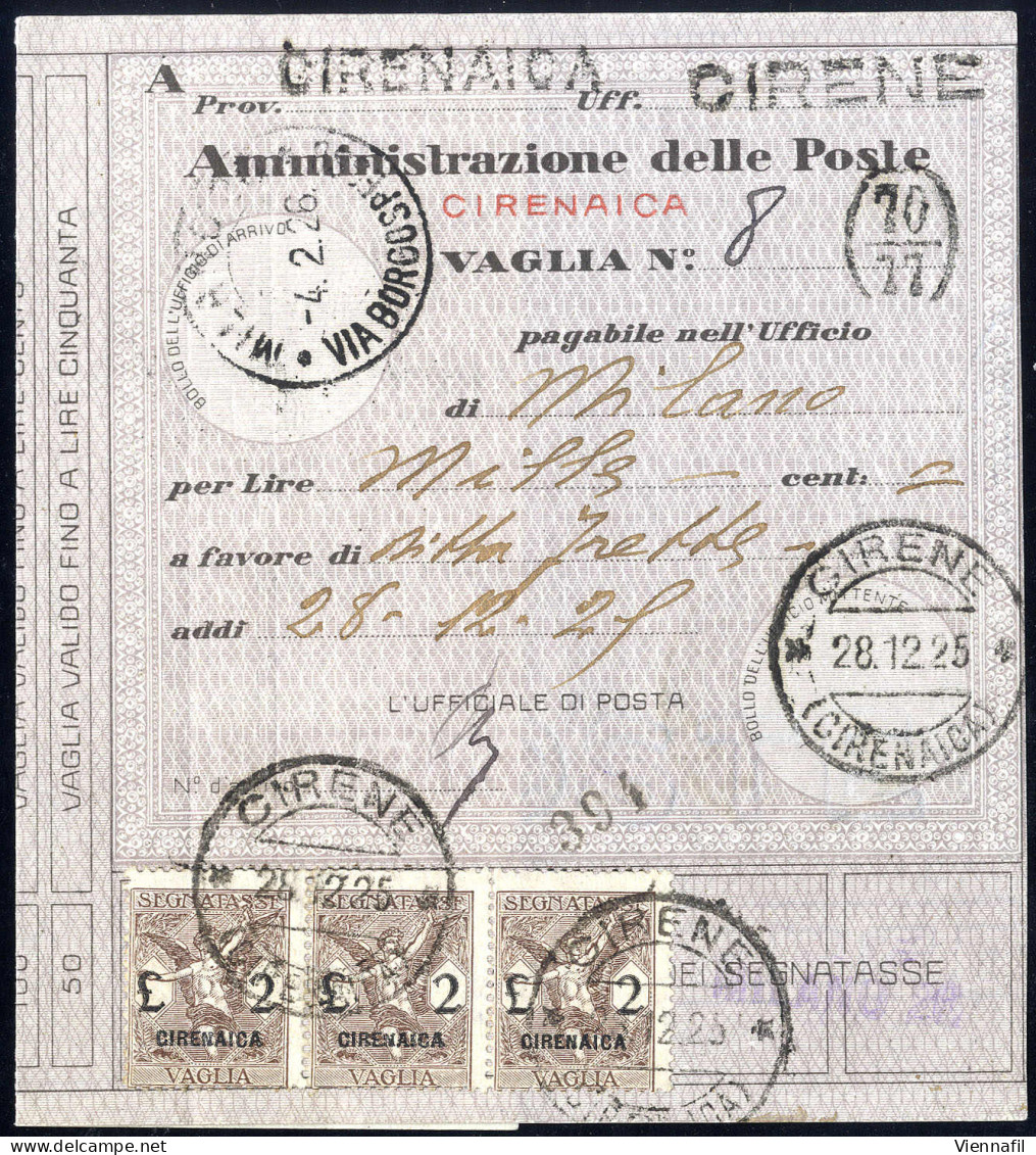 Cover 1925, Segnatasse Per Vaglia, Tre 2 L. Bruno Su Vaglia Da Cirene Il 28.12, Sass. 5 / 1350,- - Cirenaica