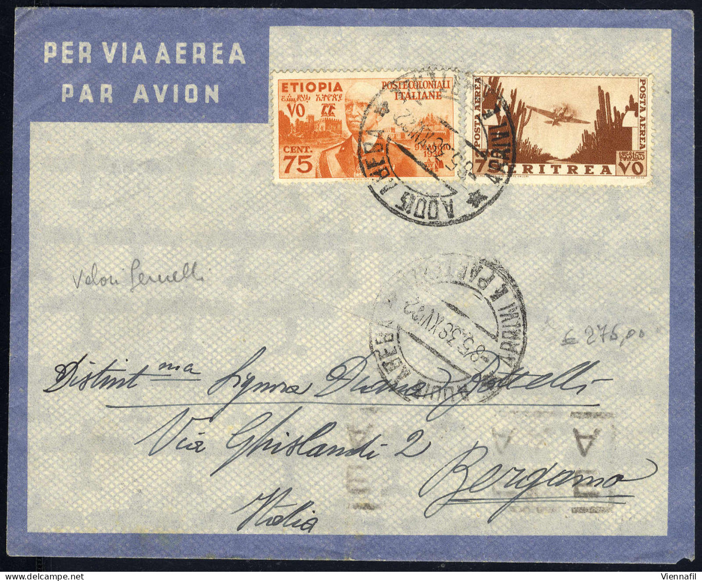 Cover 1938, Lettera Da Addis Abeba 8.5.1938 Per Bergamo Affrancata Per 1,50 Lire Con Mista Etiopia - Eritrea, Annullo D' - Ethiopia