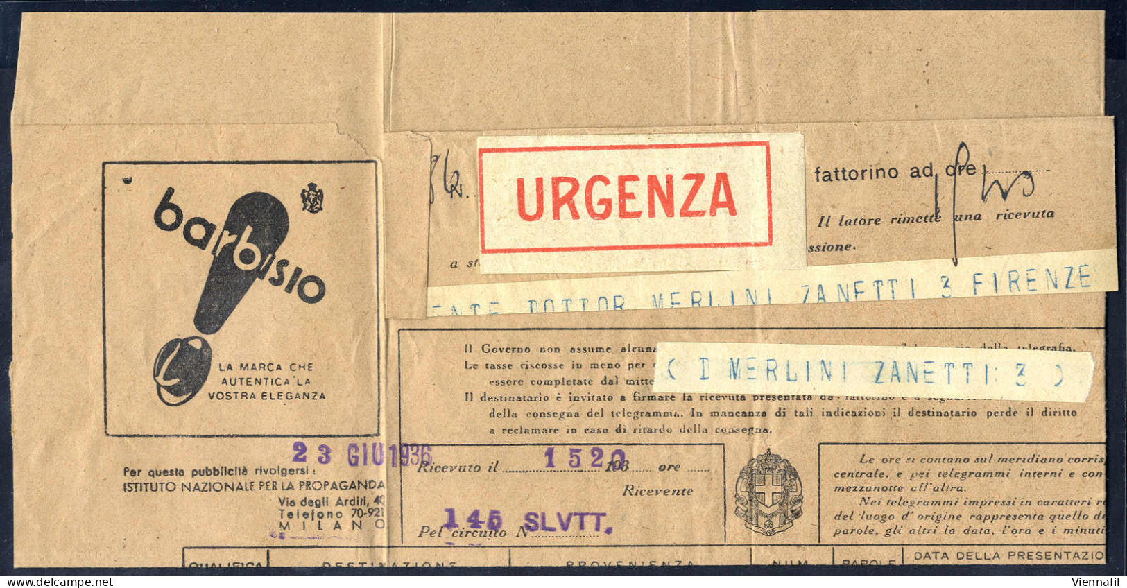 Cover 1936, Telegramma Pubblicitario Da Bengasi 23.6.1936 Per Firenze, Splendido E Non Comune - Libye