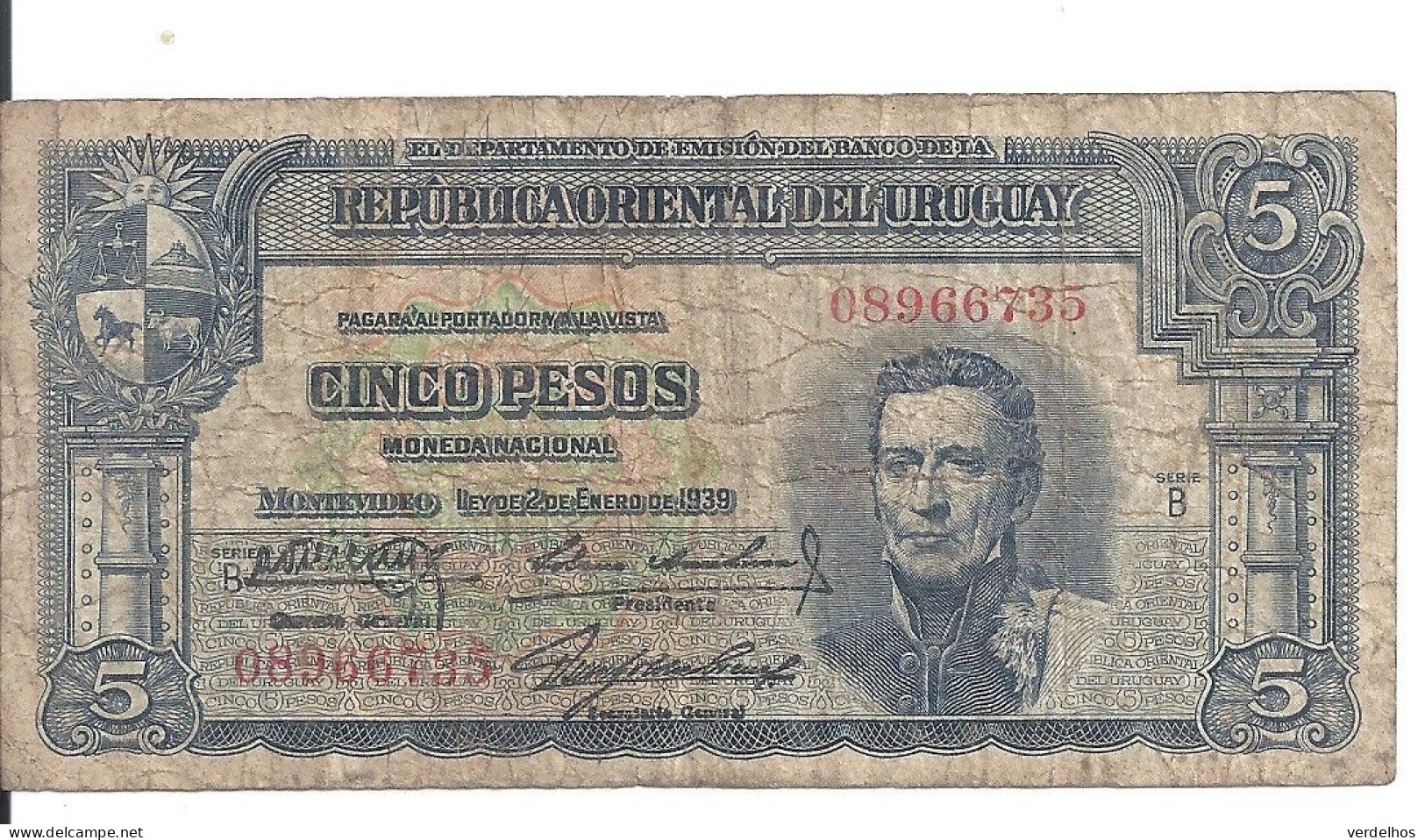 URUGUAY 5 PESOS L.1939 VG+ P 36 A - Uruguay