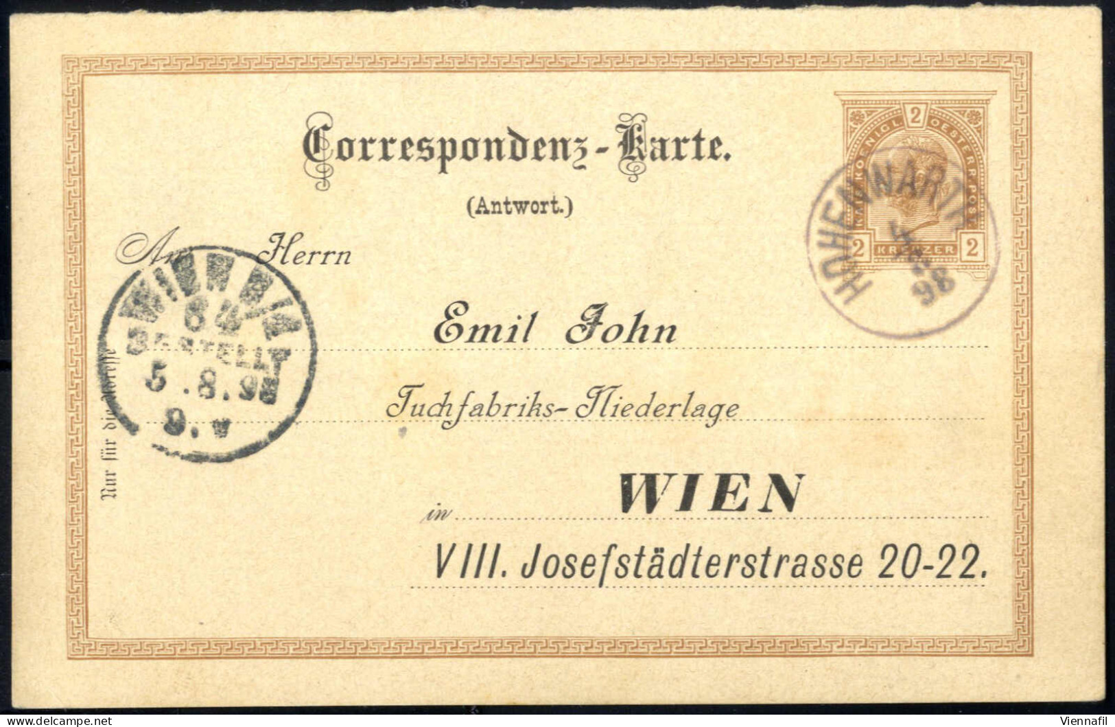 Cover "HOHENWARTH 4 / 8 / 96", Einkreisstempel Auf KK 2 Kr. 1890 Nach Wien (Klein 20P.) - Other & Unclassified
