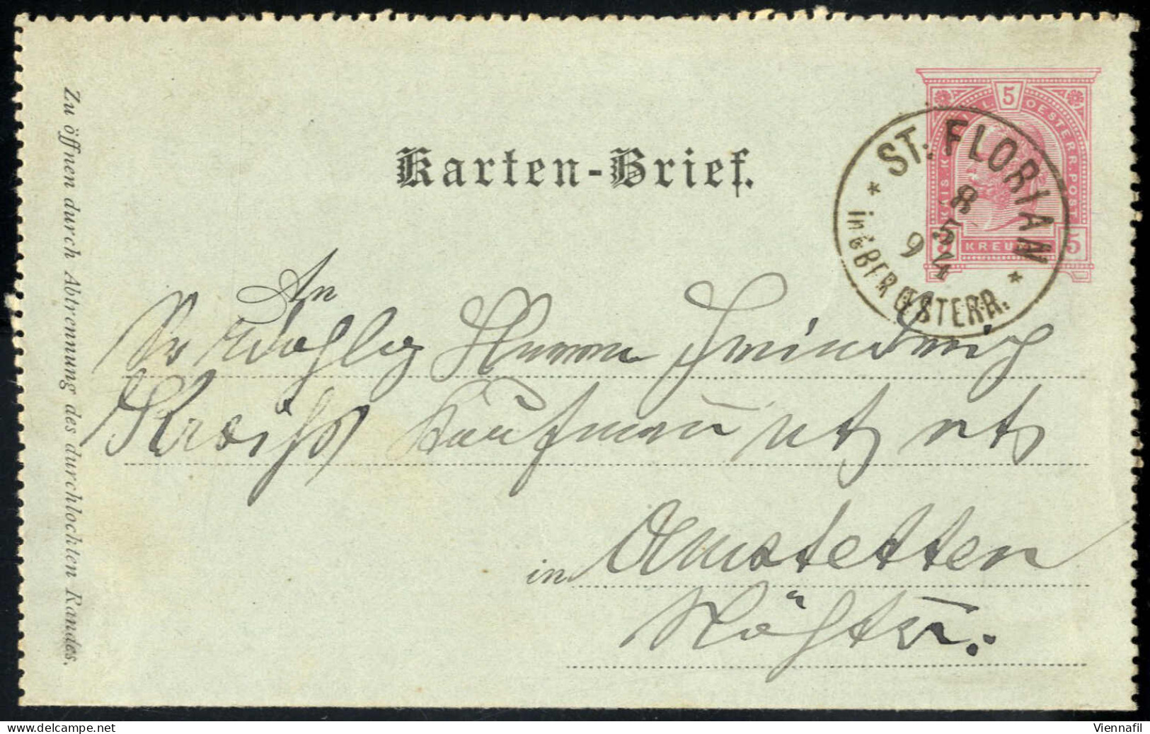 Cover "ST: FLORIAN In OBEROESTERR: 8 / 5 / 94". Einkreisstempel Auf Kartenbrief 5 Kr. 1890 Nach Amstetten, Pracht (Klein - Other & Unclassified
