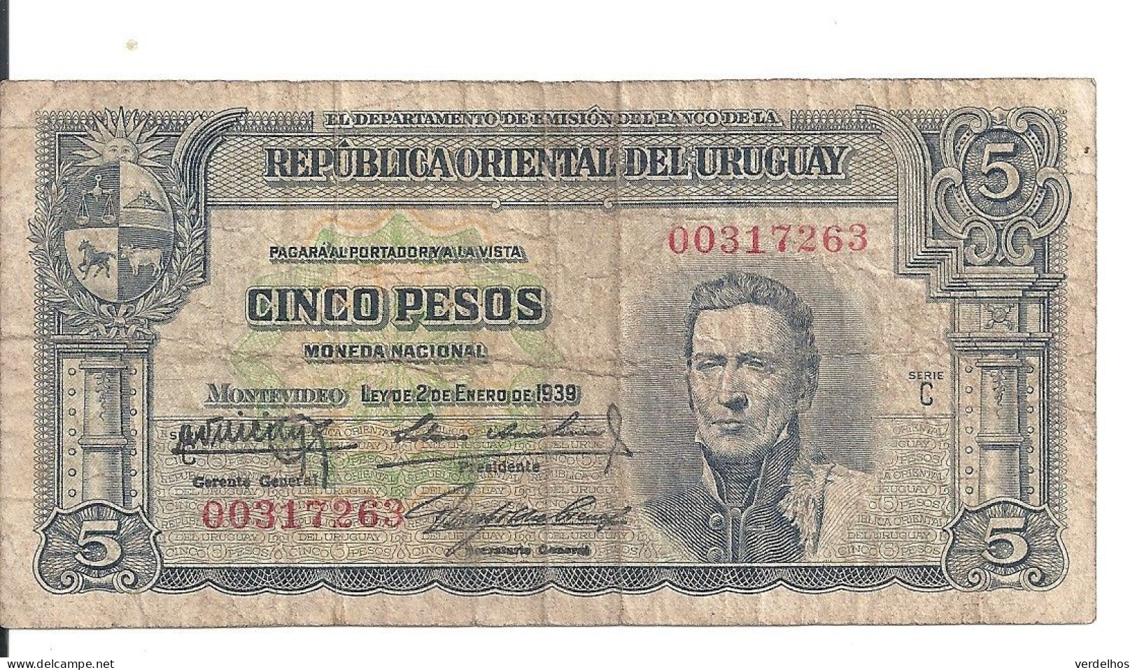 URUGUAY 5 PESOS L.1939 VG+ P 36 B - Uruguay