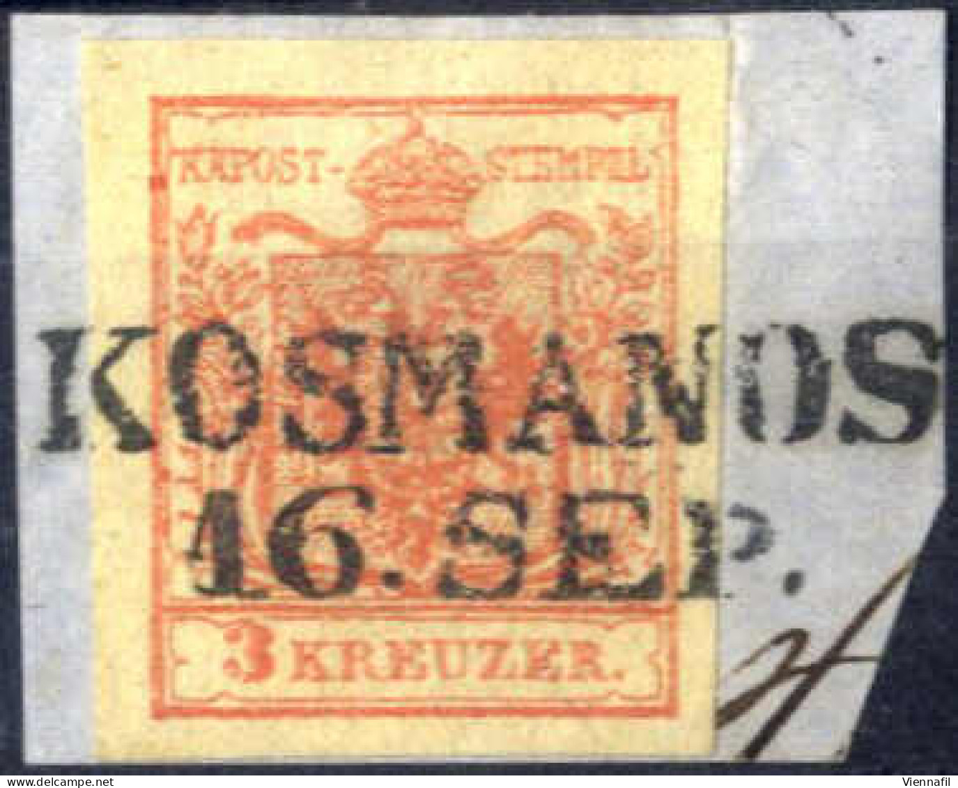 Piece "Kosmanos", (Müller 1344a - 35 Punkte) Auf Briefstück Mit 3 Kr. Rot, ANK 3 - Sonstige & Ohne Zuordnung