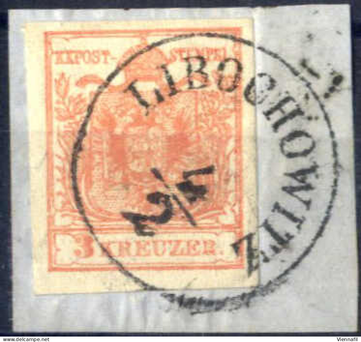 Piece "Libochowitz", (Müller 1499a - 25 Punkte) Auf Briefstück Mit 3 Kr. Rot, ANK 3 - Other & Unclassified