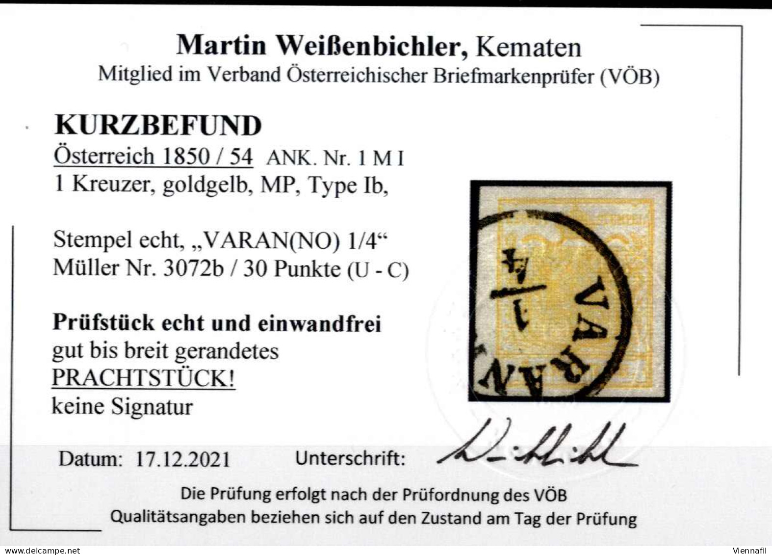 O 1850, 1 Kreuzer Goldgelb In Type Ib / MP, Gestempeltes Prachtstück Aus Varranno, Befund Weissenbichler, ANK 1I MP / Mü - Autres & Non Classés