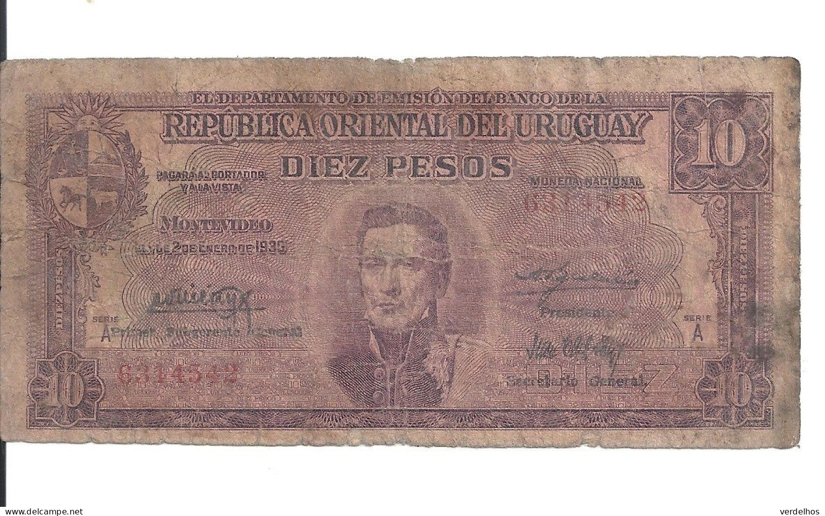 URUGUAY 10 PESOS 1939 VG+ P 37 A - Uruguay