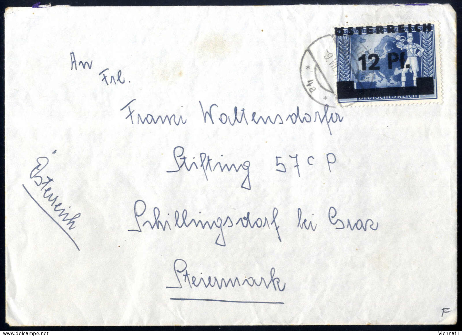 Cover 1945, KORNEUBURG (Niederösterreich), Mit 12 Rpf. Dunkelblau Der II. Wiener Aushilfsausgabe Portogerecht Frankierte - Other & Unclassified