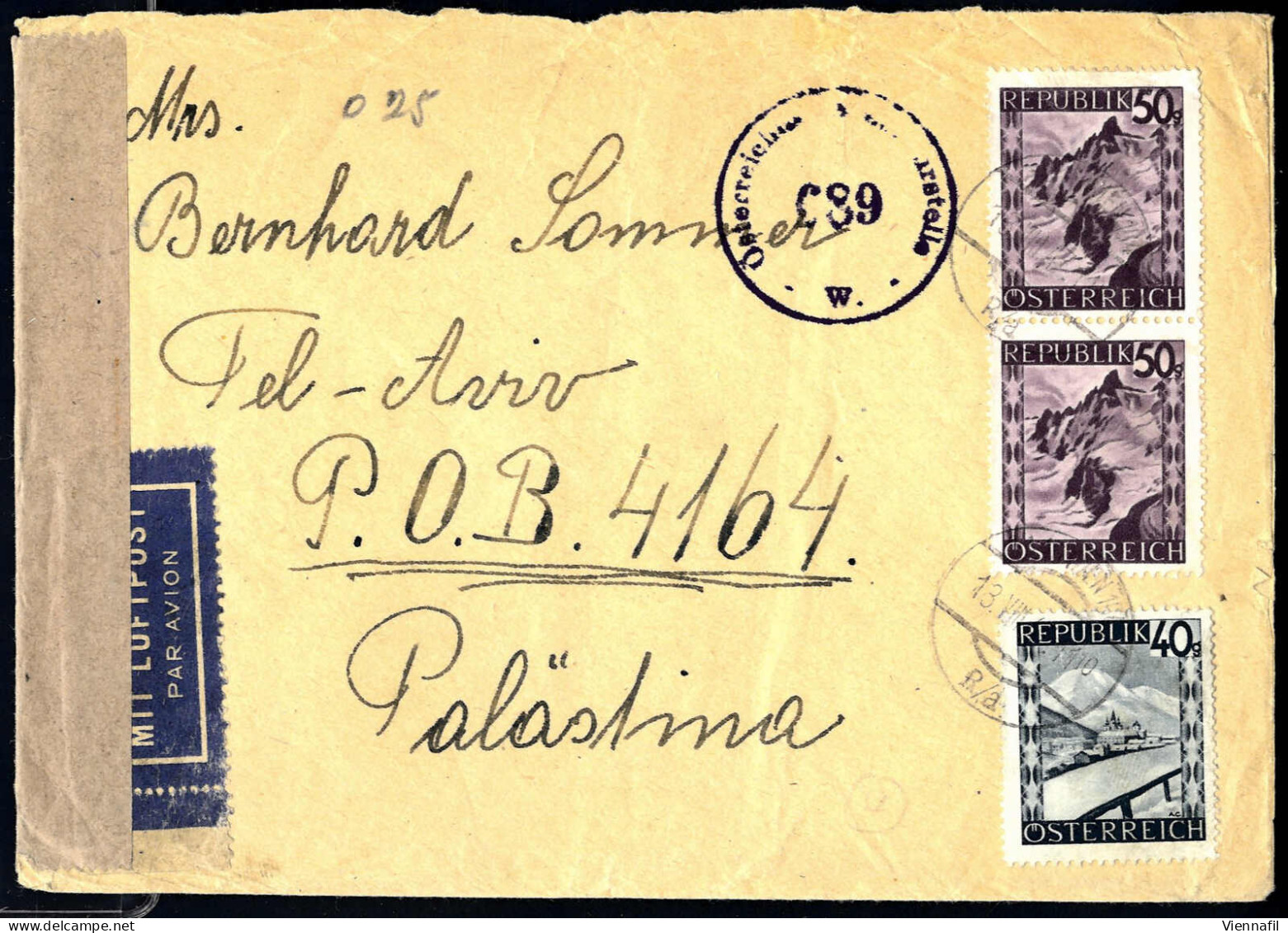 Cover 1947, Luftpostbrief Frankiert Mit Landschaft 40 + Paar 50 Gr Vorderseitig Und 3 S Rückseitig Am 13.8. Von Wien 104 - Autres & Non Classés