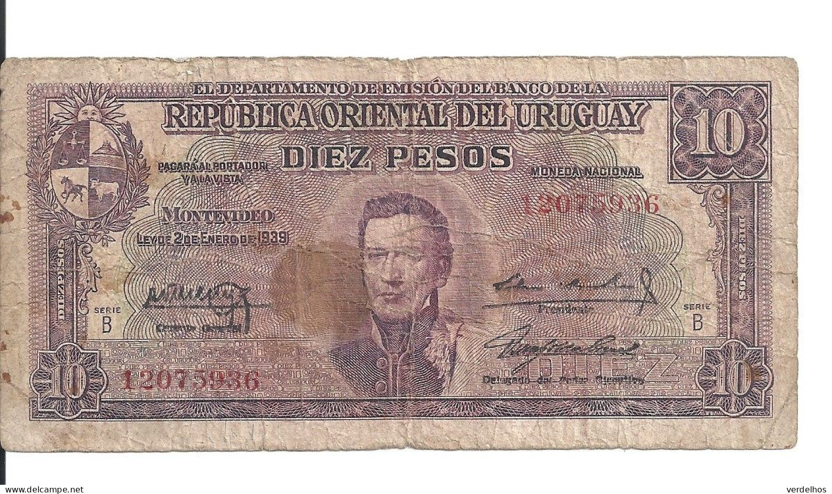 URUGUAY 10 PESOS 1939 VG+ P 37 B - Uruguay