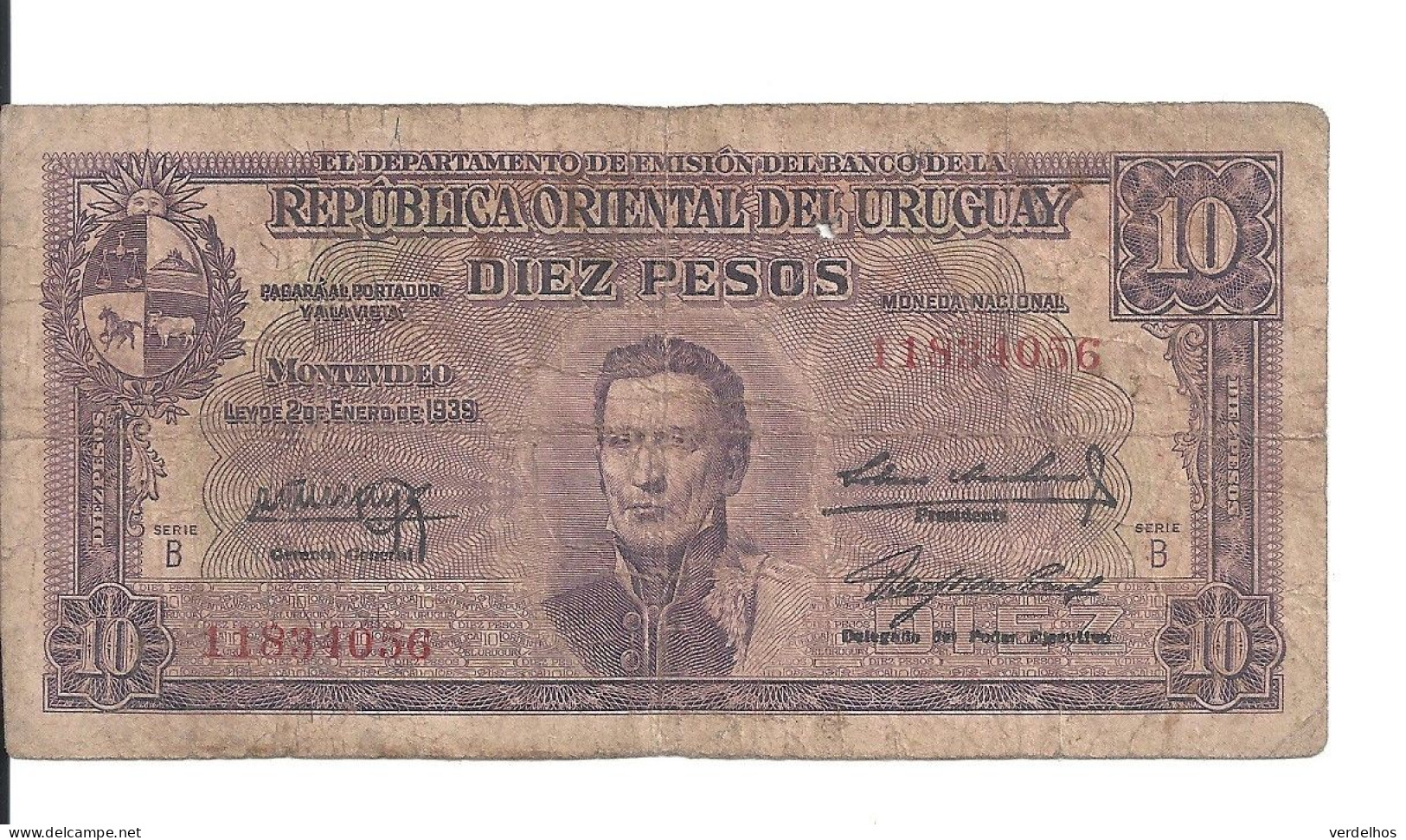 URUGUAY 10 PESOS 1939 VG+ P 37 B - Uruguay