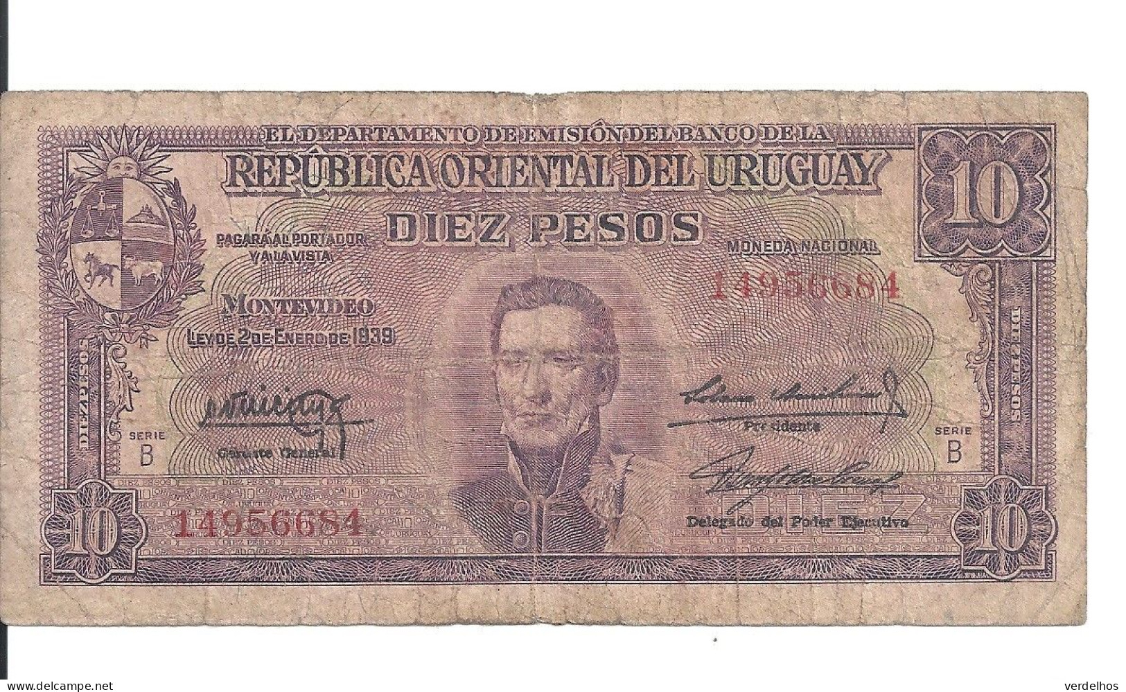 URUGUAY 10 PESOS 1939 VG+ P 37 B - Uruguay