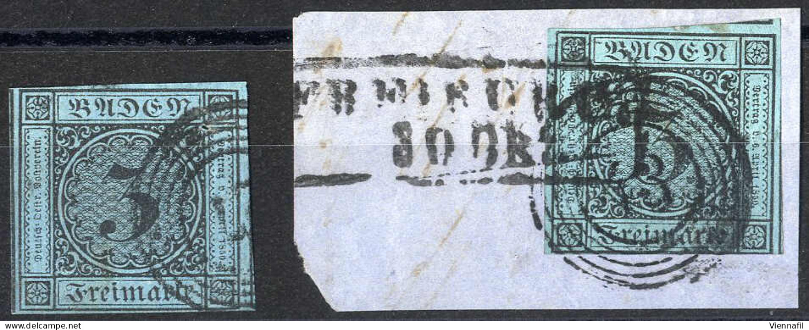 O/piece 1858, 3 Kr Schwarz Auf Ultramarin, Zwei Werte (ein Briefstück), Gestempelt, Mi. 8 - Autres & Non Classés