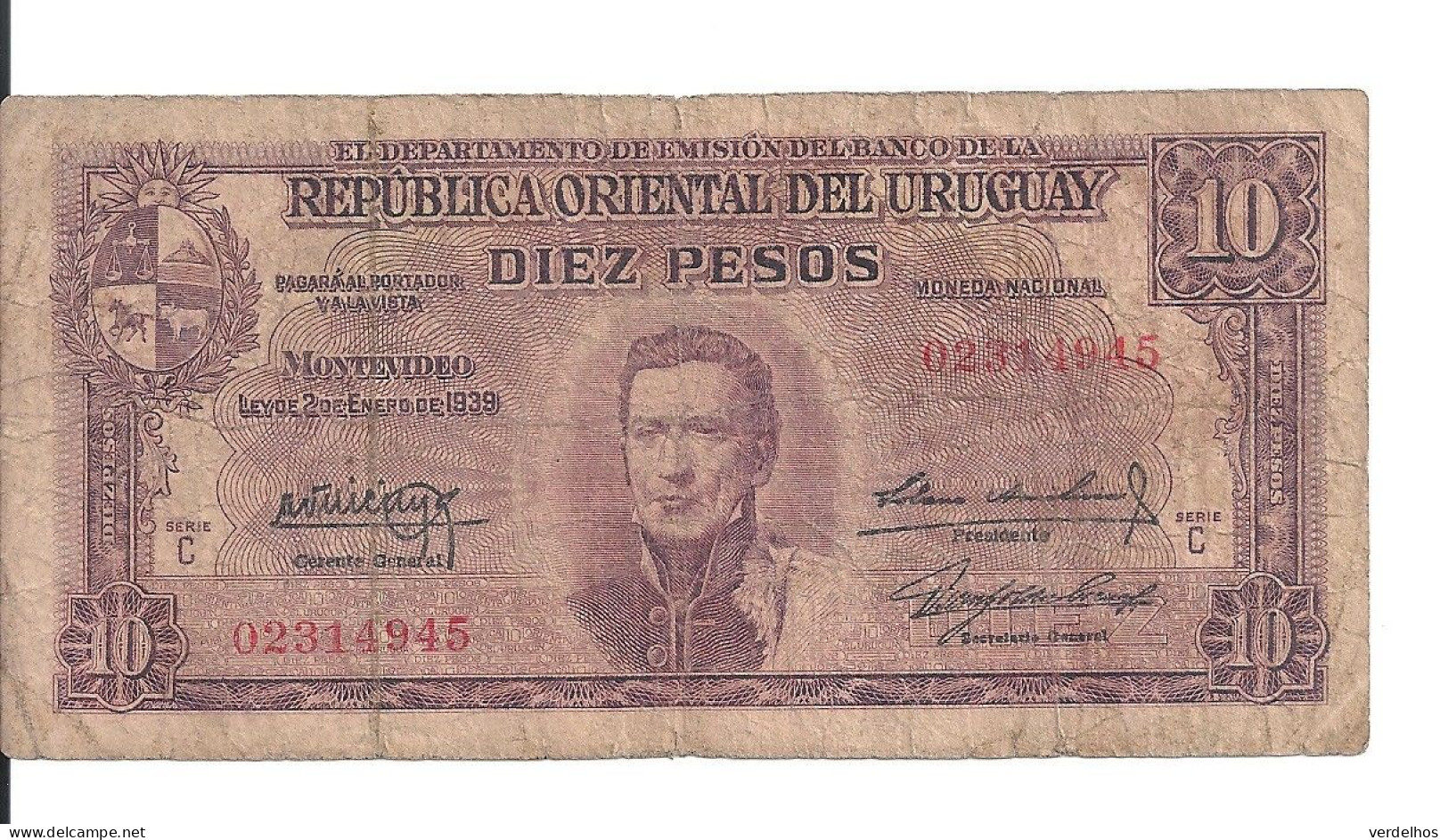 URUGUAY 10 PESOS 1939 VG+ P 37 C - Uruguay