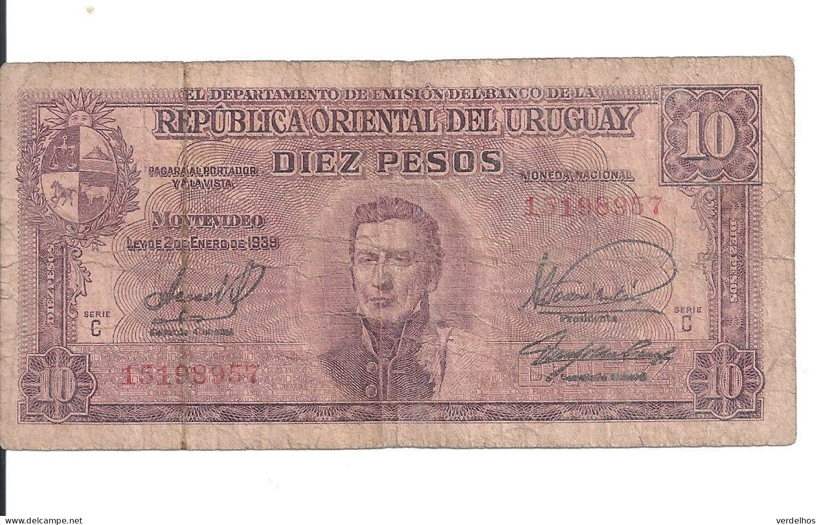 URUGUAY 10 PESOS 1939 VG+ P 37 C - Uruguay