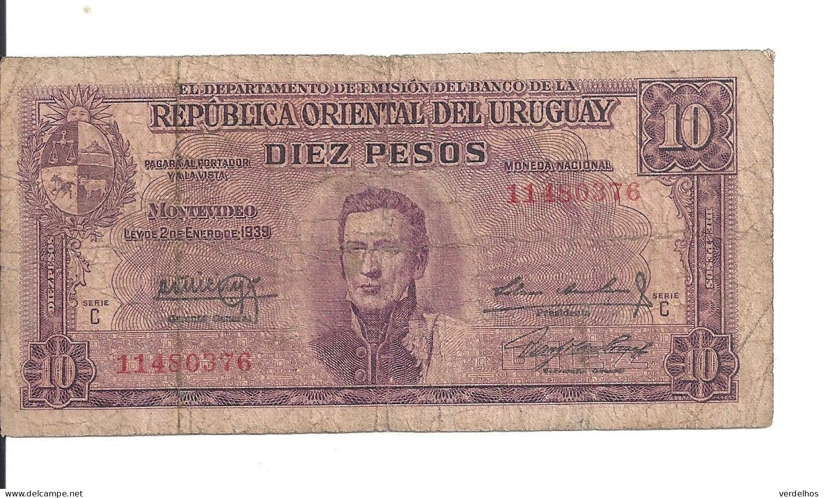 URUGUAY 10 PESOS 1939 VG+ P 37 C - Uruguay