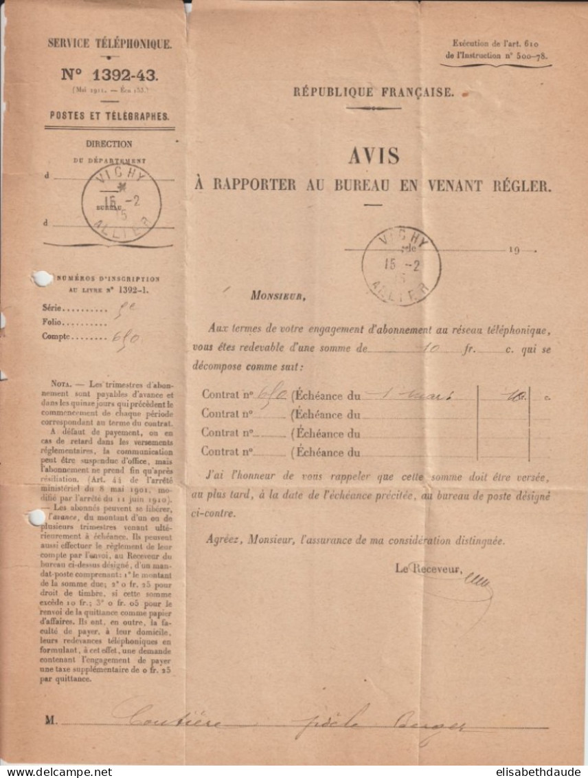 1915 - LETTRE En FRANCHISE Du SERVICE DES TELEPHONES De VICHY (ALLIER) - Civil Frank Covers