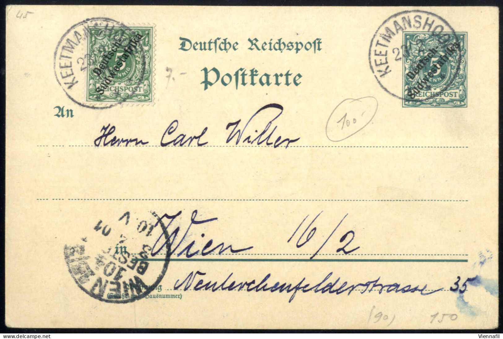 Cover 1901, Krone Adler, 5 Pf Mit Aufdruck "diagonal" Type II Von Keetmanshoop Am 23.2. Nach Wien Mit Wertgleicher Zusat - Deutsch-Südwestafrika