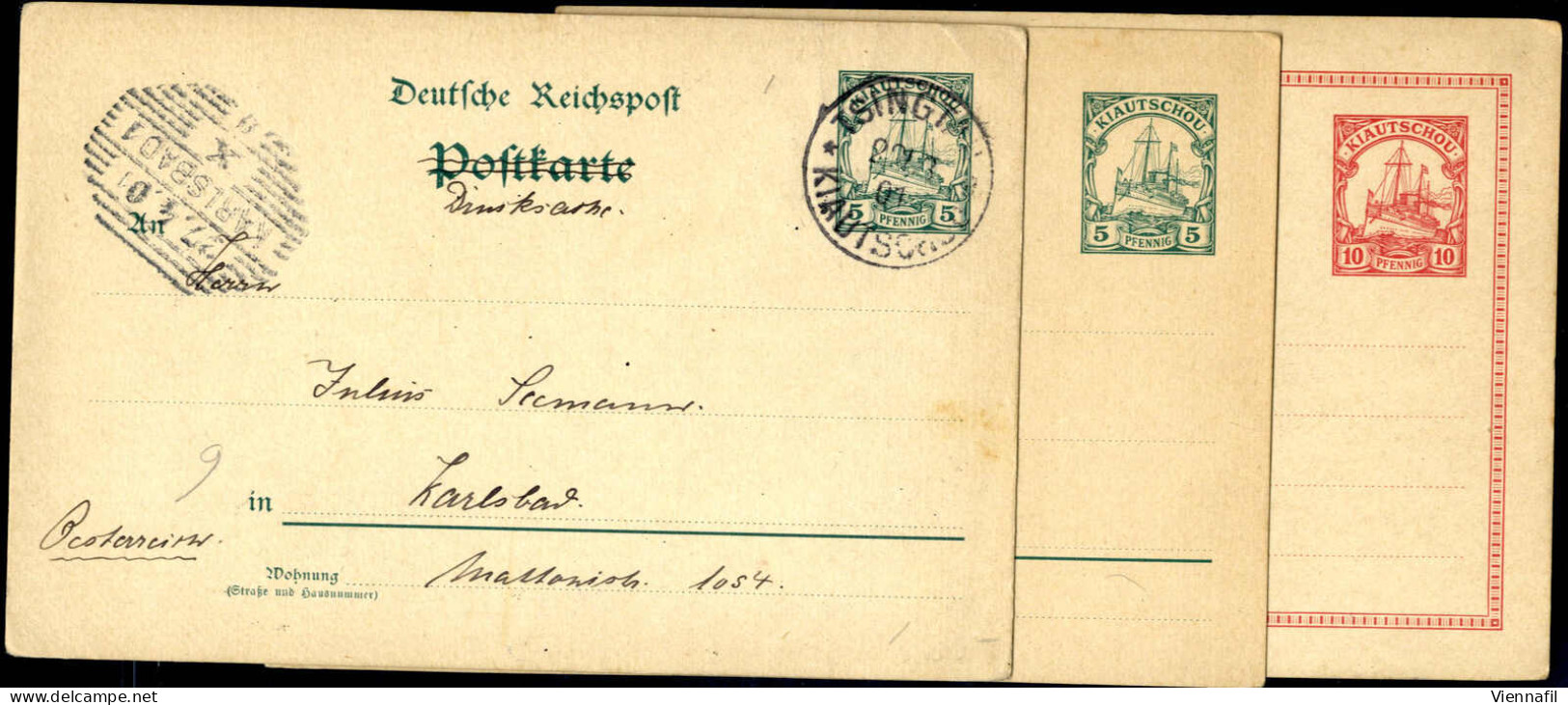 Cover 1901, Schiffszeichnung, 3 Karten, Zu 5 Pf (2) Eine Blanco Gestempelt, 10 Pf Ungebraucht, Mi. P 1,2 - Kiautchou