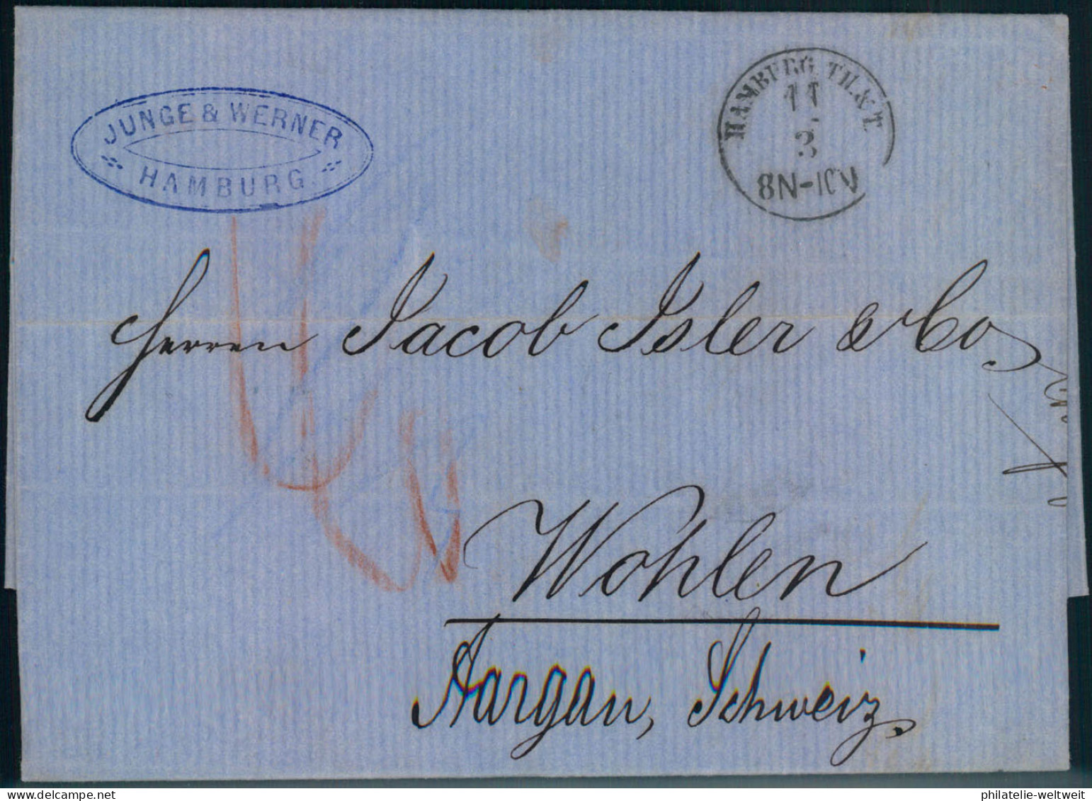 "HAMBURG TH. & T.",  K1 Auf Auslandsbrief 1867, Wohlen, Rks. Blauer Ovalstpl. - Hambourg