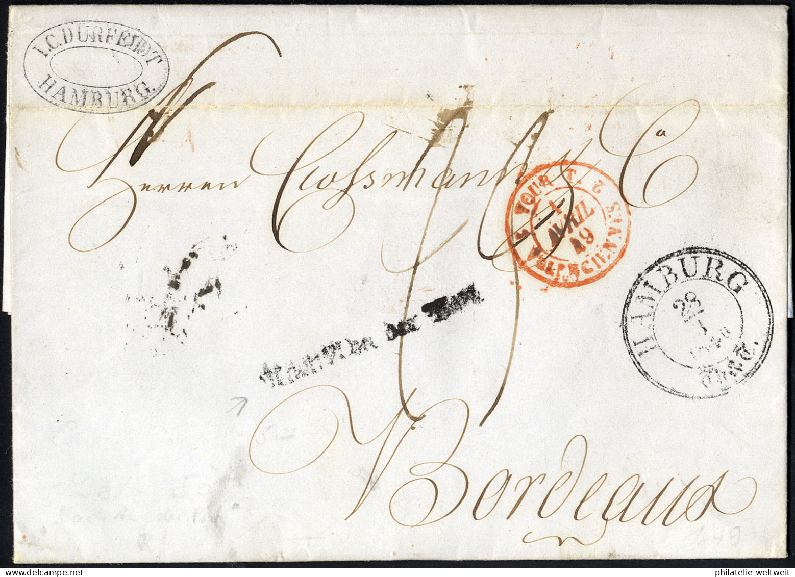 "HAMBURG", K2 Nebst L1  "NACH ABGANG DER POST" Und Transitstempel Auf Brief 1849 - Hamburg