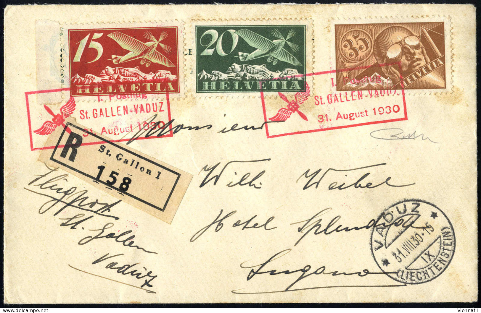 Cover 1930, Brief Des Ersten Postflugs St. Gallen-Vaduz, Mi. 179,181,213 - Otros & Sin Clasificación