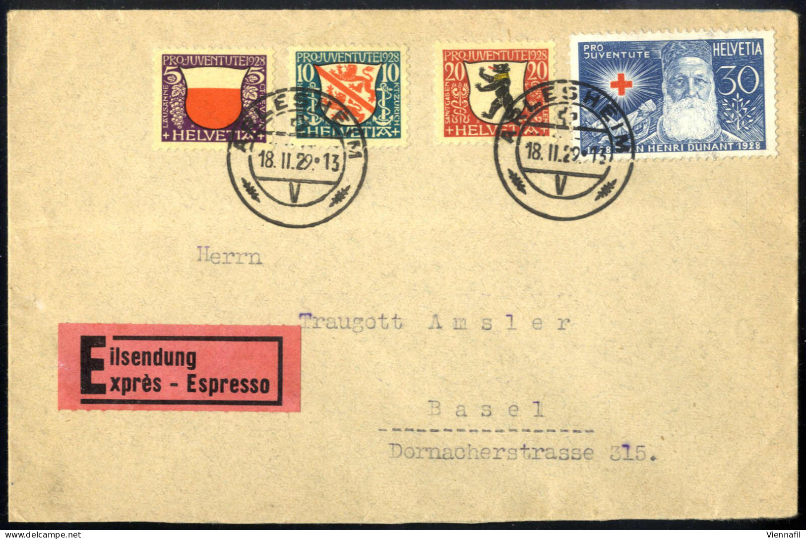 Cover 1929, Express-Brief Von Arlesheim Am 18.2. Nach Basel Frankiert Mit Satz Pro Juventute 1928, Mi. 229-232 - Autres & Non Classés