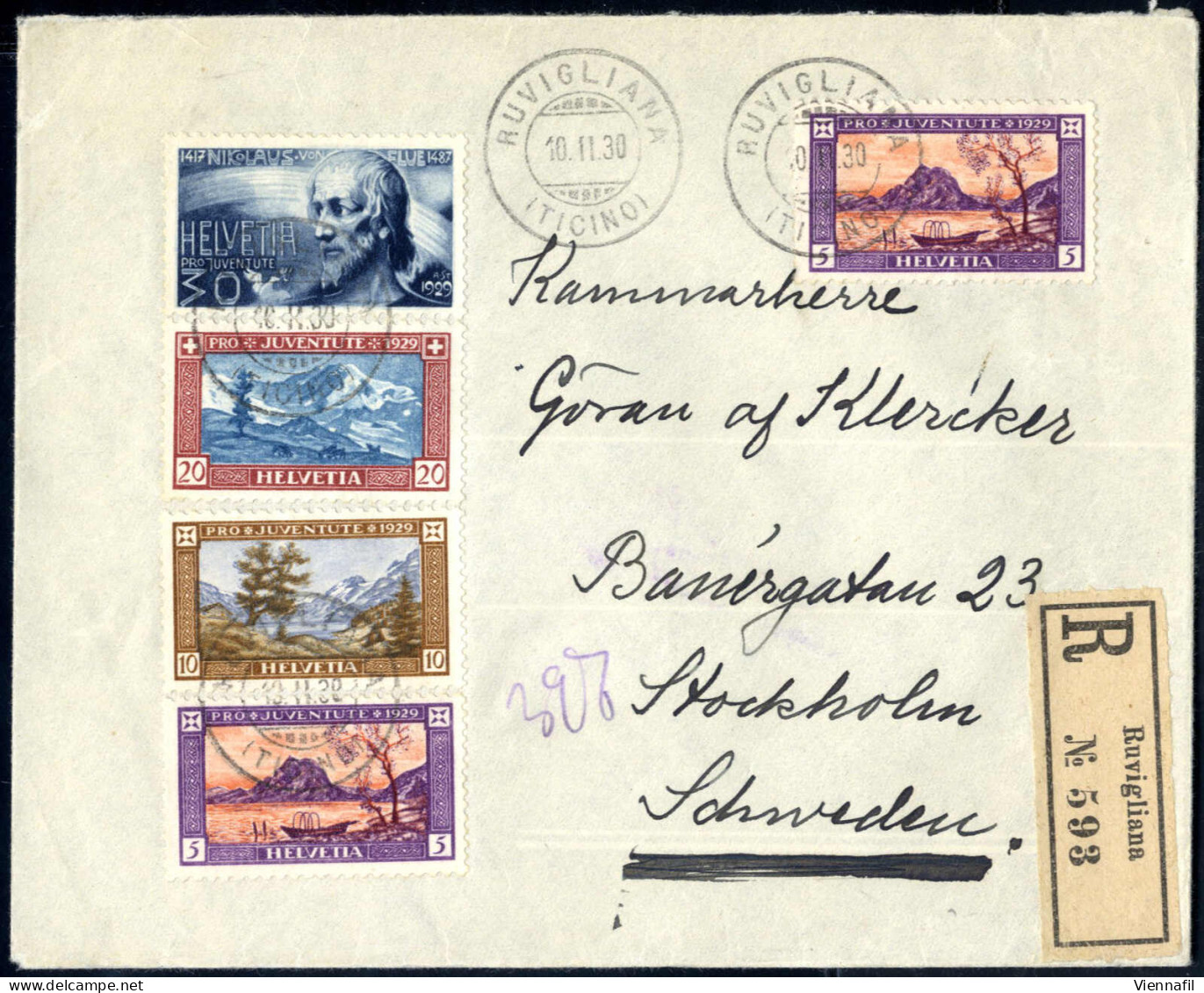 Cover 1930, Eingeschriebener Brief Von Ruvigliana Am 10.2. Nach Stockholm (Schweden) Frankiert Mit Satz Pro Juventute 19 - Other & Unclassified