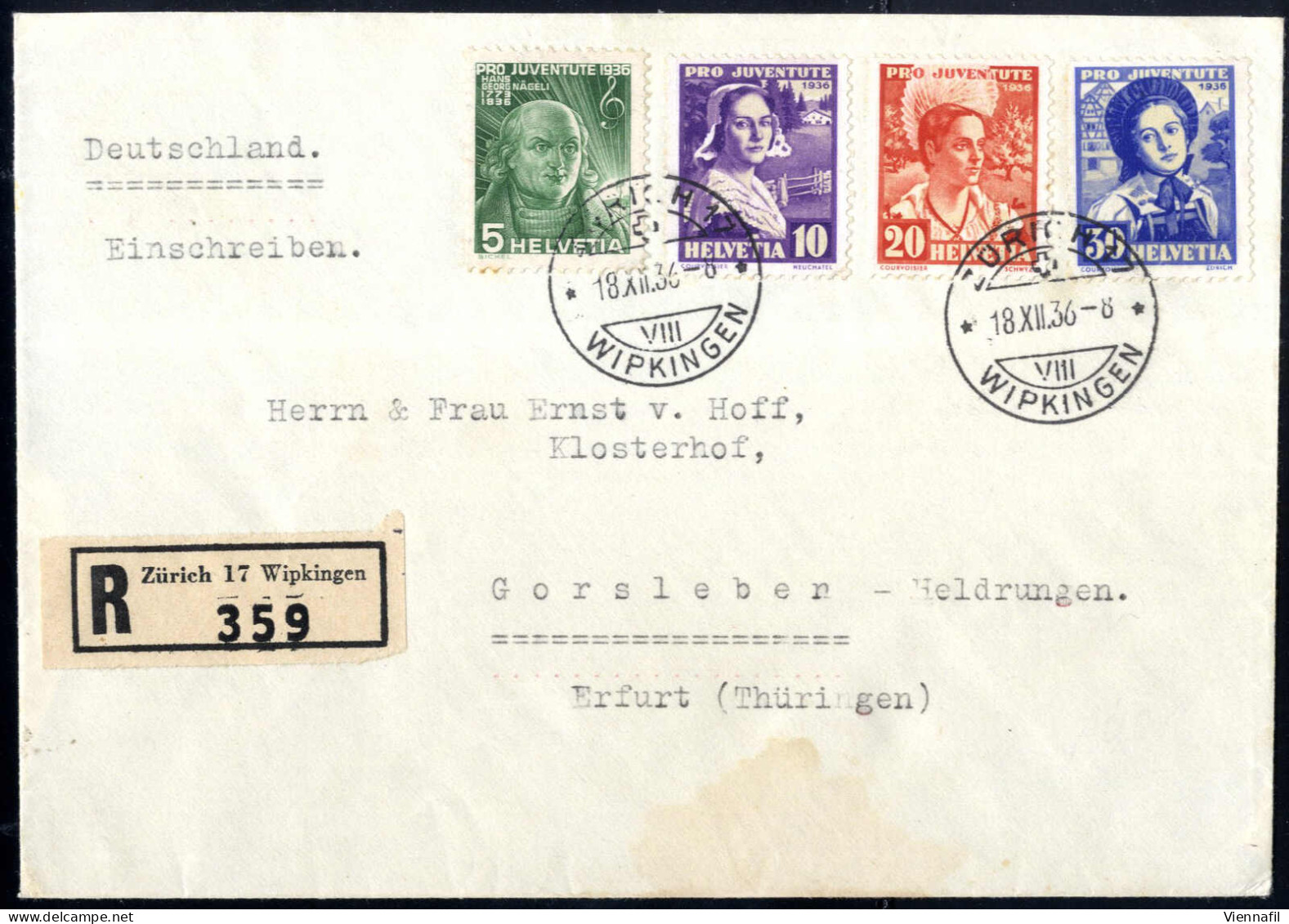 Cover 1936, Eingeschriebener Brief Von Zürich 17 Wipkingen Am 18.12. Nach Gorsleben (Deutschland), Frankiert Mit Komplet - Autres & Non Classés