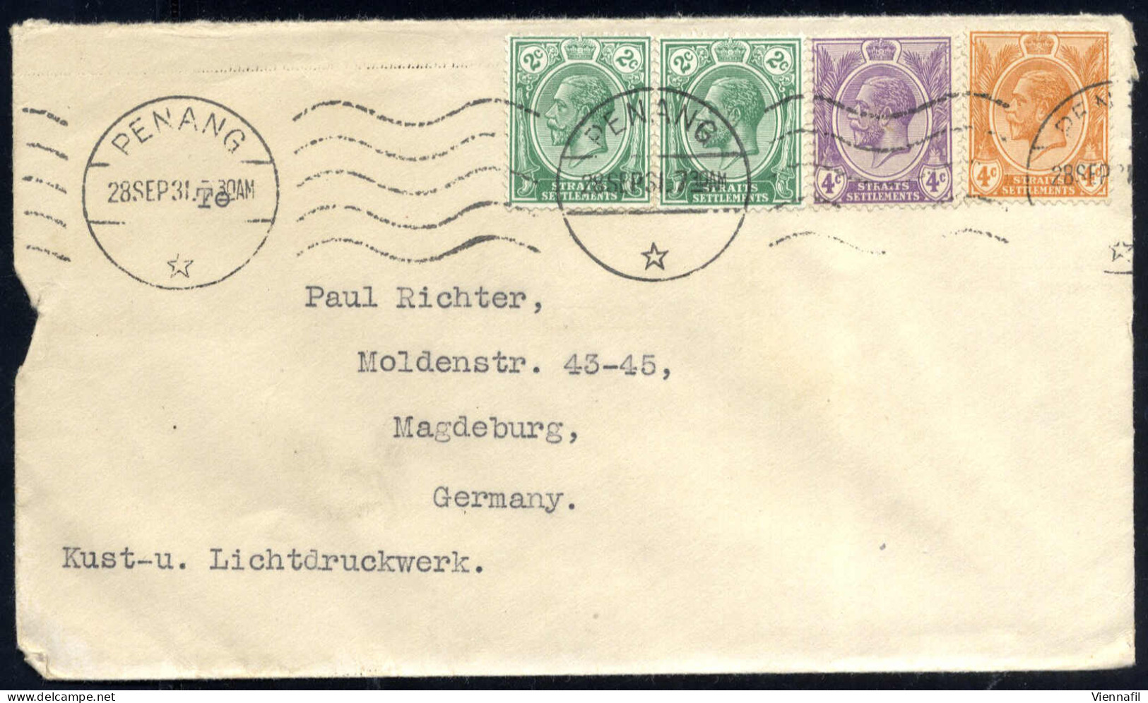 Cover 1931, Brief Vom 28.9.1931 Von Penang Nach Magdeburg, Frankiert Mit 2x2 C. Grün, 4 C. Violett Und 4 C. Orange, Mit  - Other & Unclassified