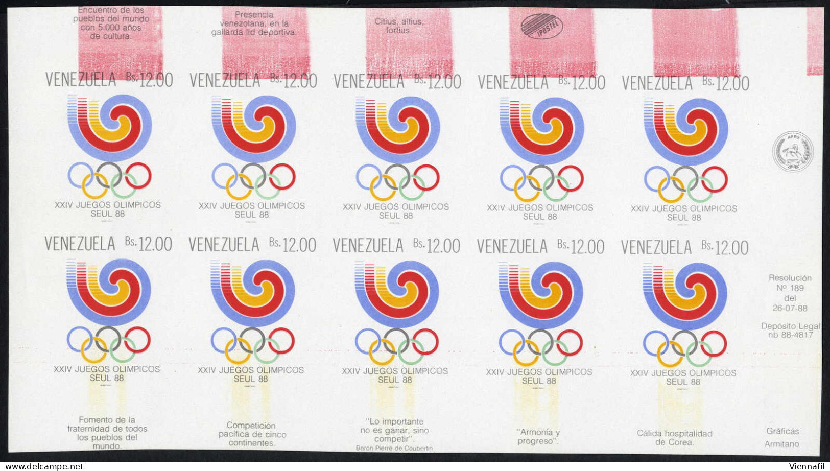 ** 1988, Olympische Sommrspiele Seoul 10 Werte Im Kleinbogen Ungezähnt, Leicht Verschnitten Mit Rotfeldern Im Oberen Ran - Venezuela