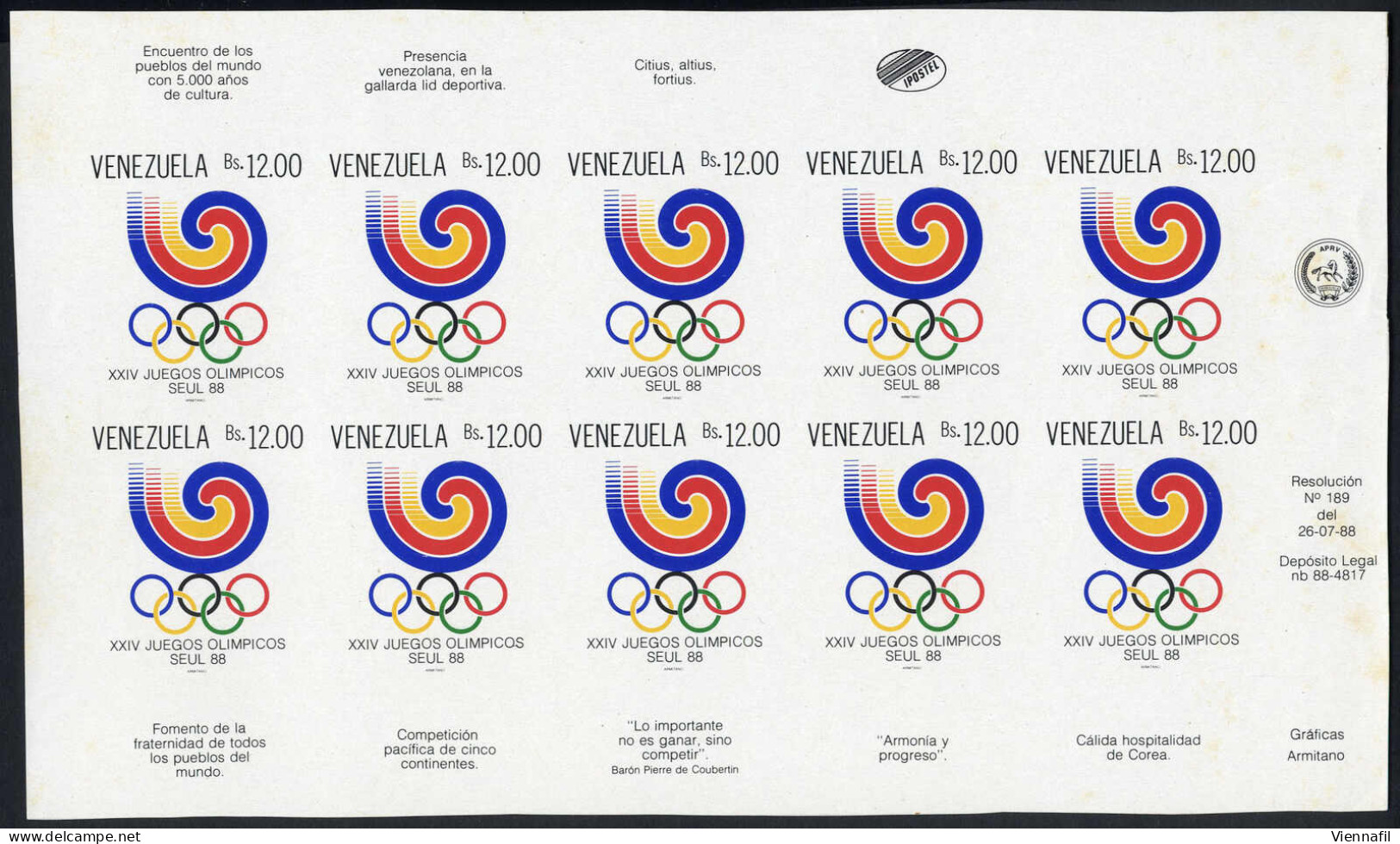 ** 1988, Olympische Sommrspiele Seoul 10 Werte Im Kleinbogen Ungezähnt, Mi. 2551 U - Venezuela