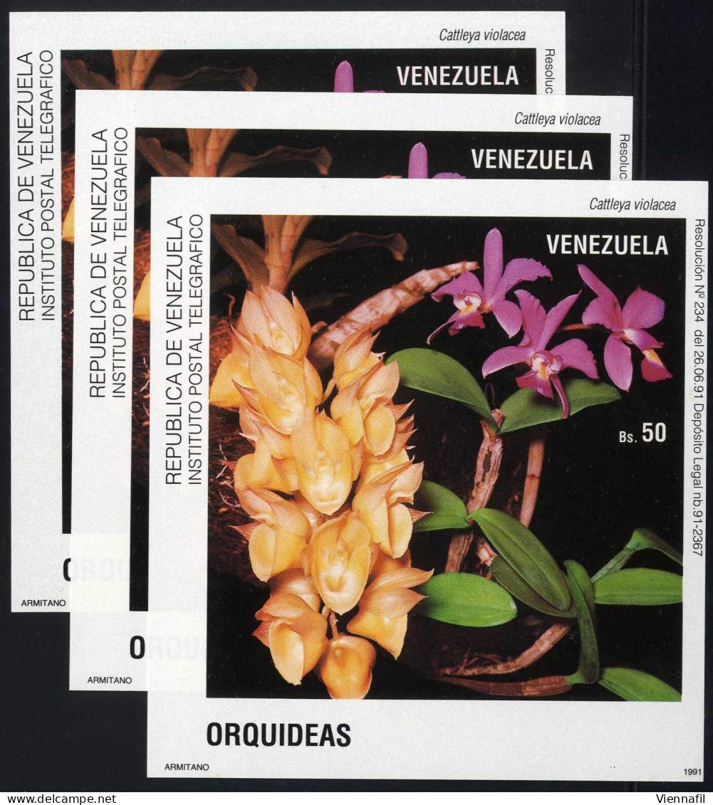 ** 1991, Cattleya Violacea, 3 Blöcke Ungezähnt, Mi. Bl 38 U / 120,- - Venezuela