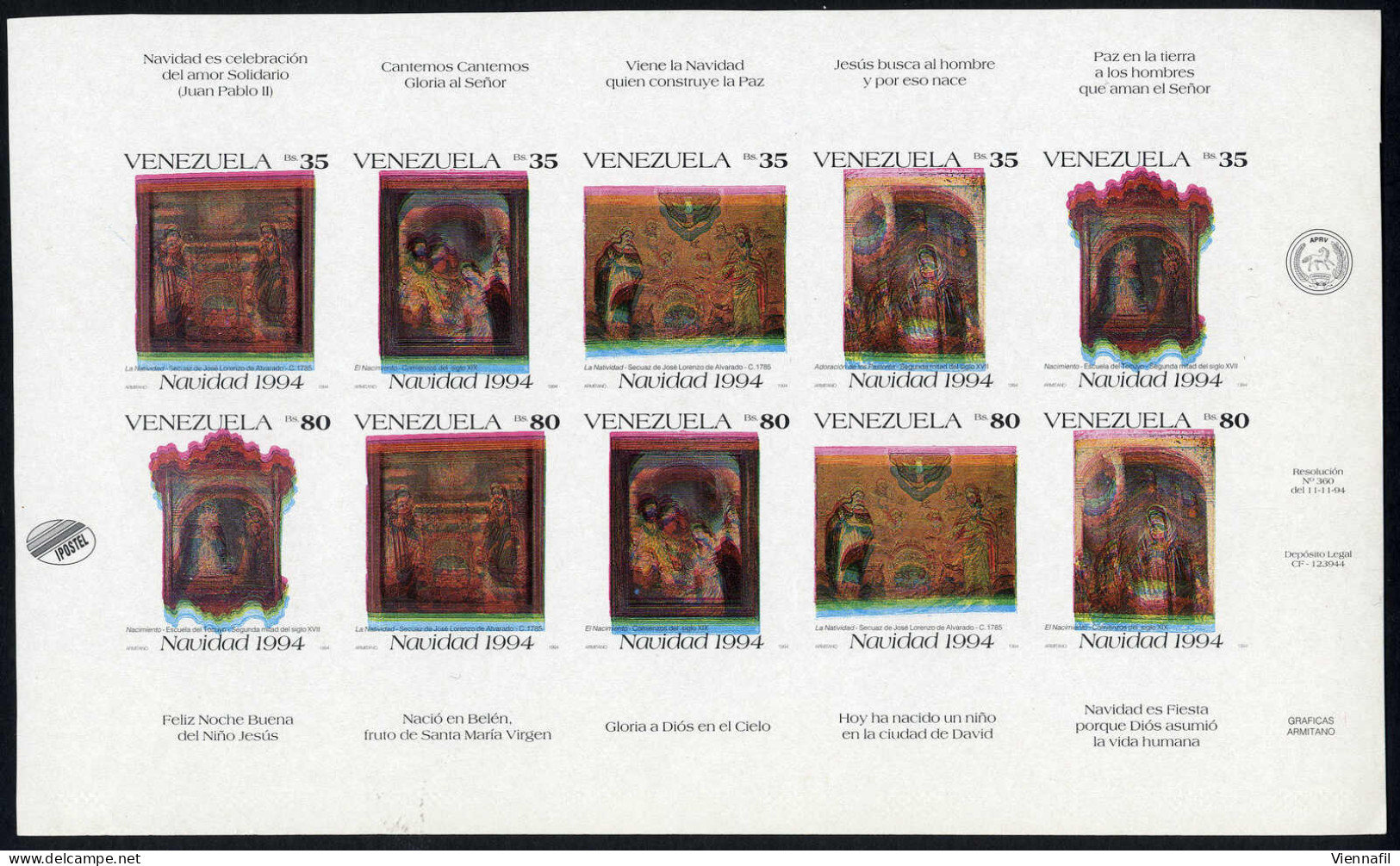 ** 1994, "Weihnachten", Kleinbogen Ungezähnt, Farben Total Verschoben, Postfrisch, Mi. 2847-2856 U - Venezuela