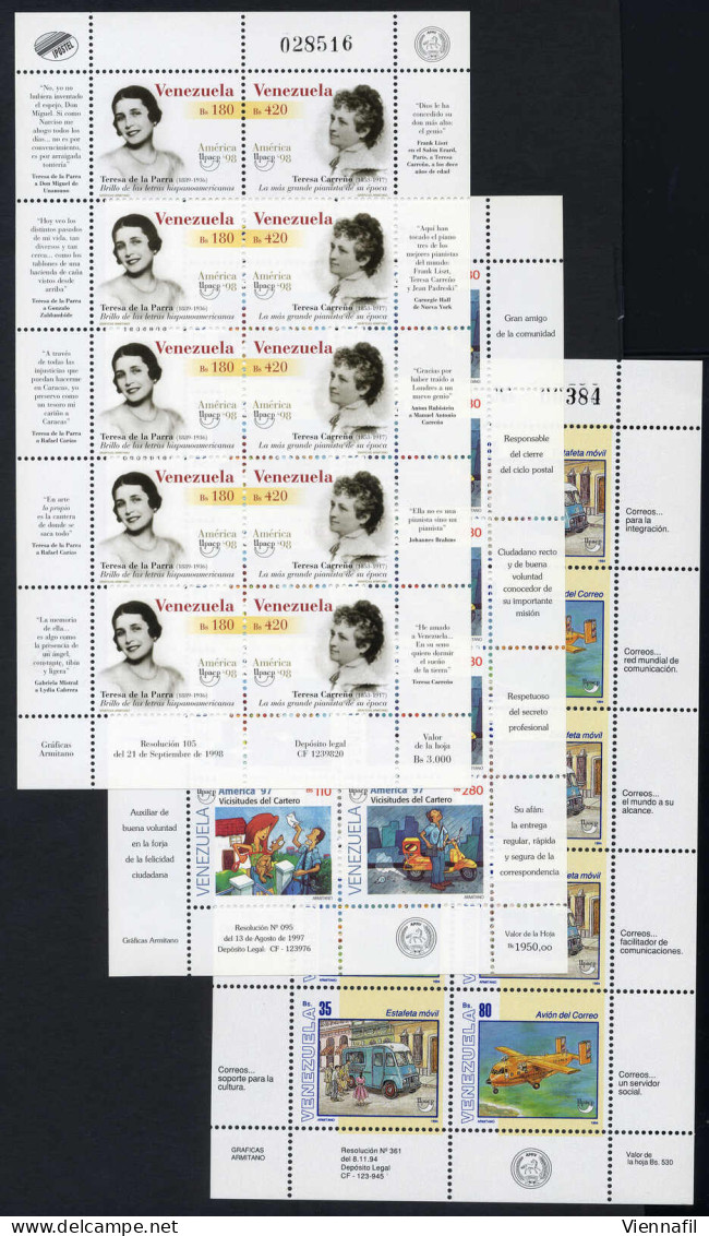 ** 1995/1998, "Amerika", Postbeförderung, Postbote Und Frauen, Je Im Kleinbogen 1995,1997,1998, Postfrisch, Mi. 2868-286 - Venezuela