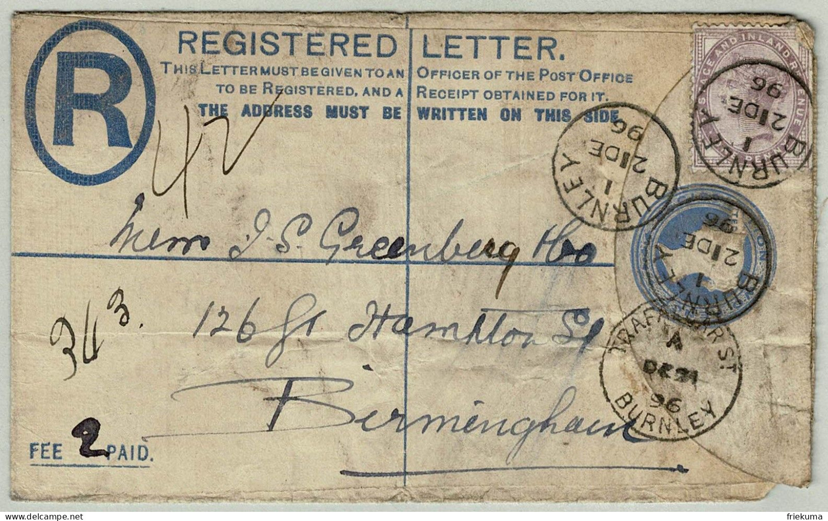 Grossbritannien / United Kingdom 1896, Registered Letter Burnley - Birmingham - Cartas & Documentos