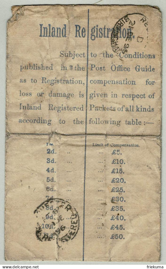 Grossbritannien / United Kingdom 1896, Registered Letter Burnley - Birmingham - Cartas & Documentos