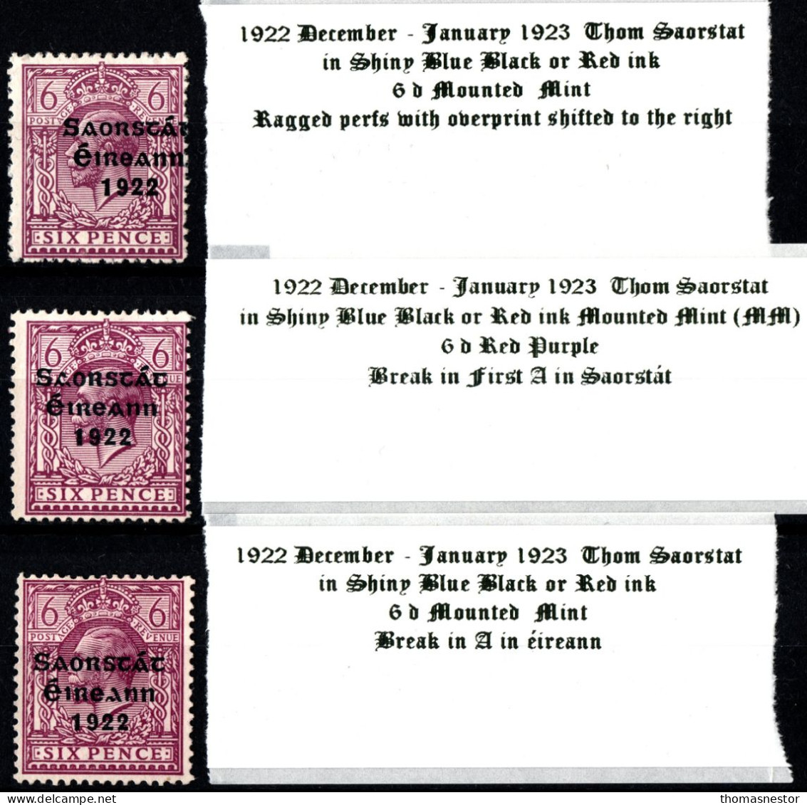 1922-1923 Dec-Jan Thom Saorstát In Shiny Blue Black Or Red Ink, 3 X 6 D Red Purple Stamps With Errors Mounted Mint (MM) - Ungebraucht