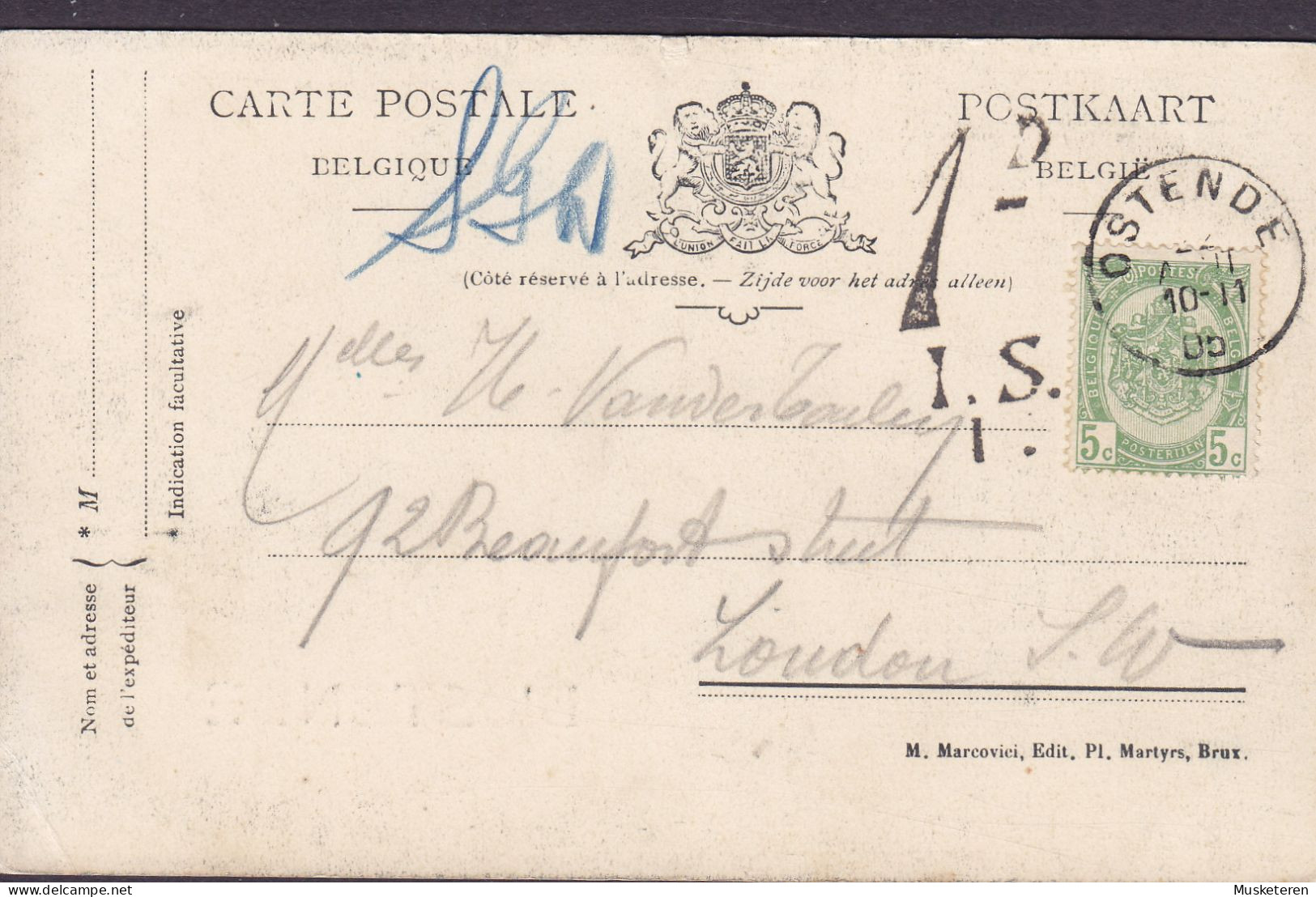 Belgium CPA Un Baiser D'Ostende OSTENDE 1905 LONDON England 1d. I.S. I. Postage Due TAXE Cancel T-Cds. (2 Scans) - Postage Due
