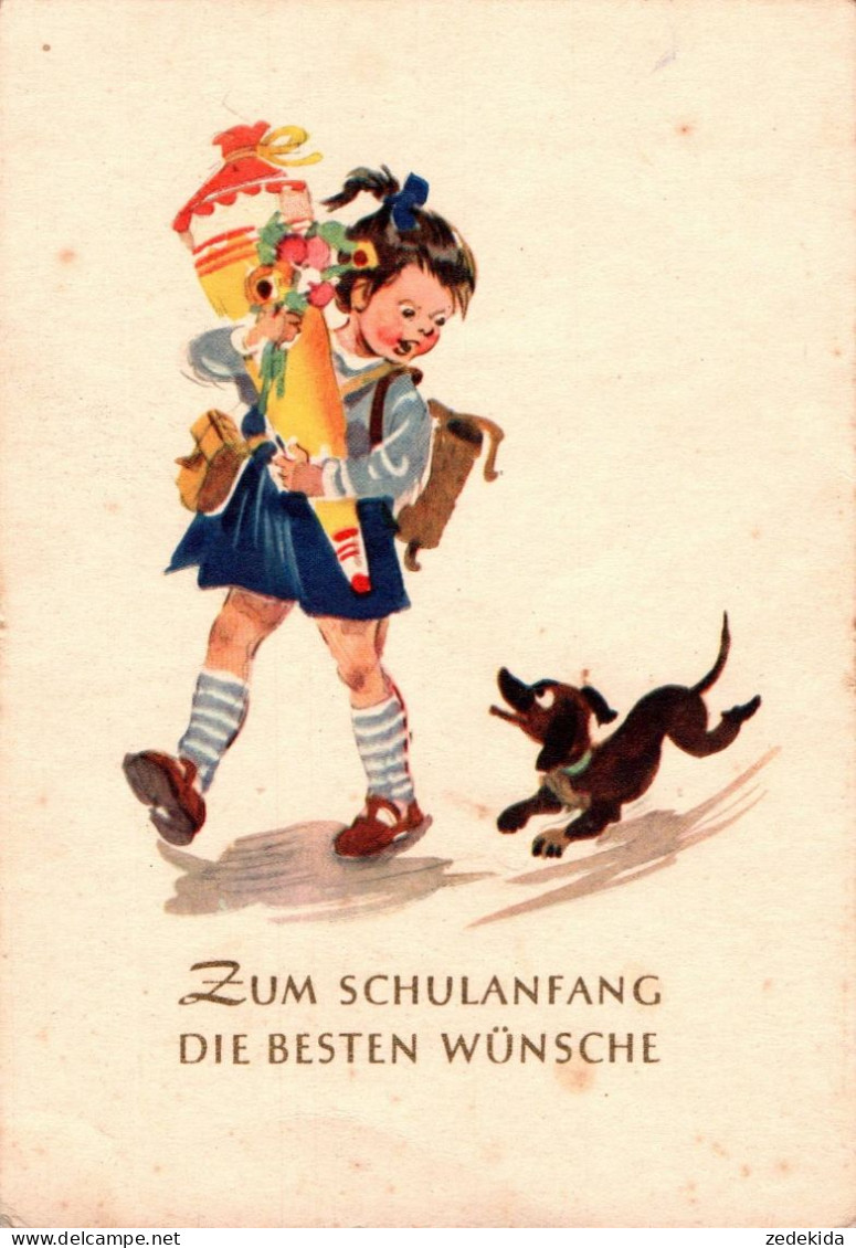 G7302  Glückwunschkarte Schulanfang - Mädchen Zuckertüte Hund Dog Dackel Teckel - DDR - Einschulung