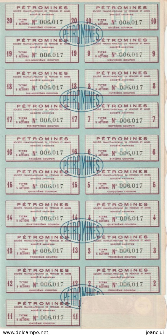 PETROMINES . SOCIETE FRANCO-AFRICAINE DE PETROLES ET MINES TITRE N° 006.017 DE 5 ACTIONS DE 100 FRANCS AU PORTEUR19 COUP - Petróleo