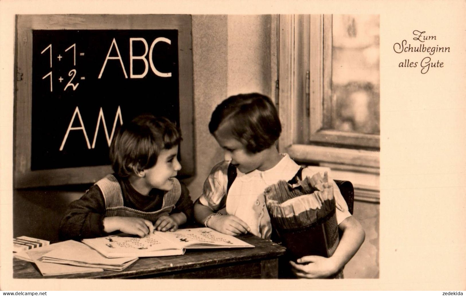 G7303 - TOP Glückwunschkarte Schulanfang - Mädchen Zuckertüte Schultafel - Erhard Neubert DDR - Children's School Start