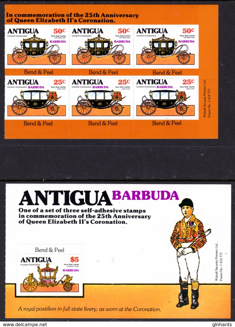 BARBUDA - 1978 CORONATION ANNIVERSARY BOOKLET PANES (2) BEND & PEEL FINE MNH ** Ex SG SB2 - Barbuda (...-1981)