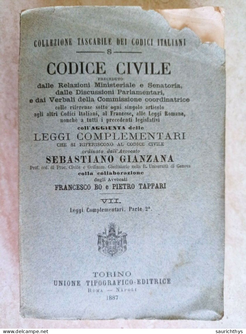 Regno D'Italia Codice Civile Leggi Complementari Avvocato Sebastiano Gianzana Torino 1887 - Law & Economics