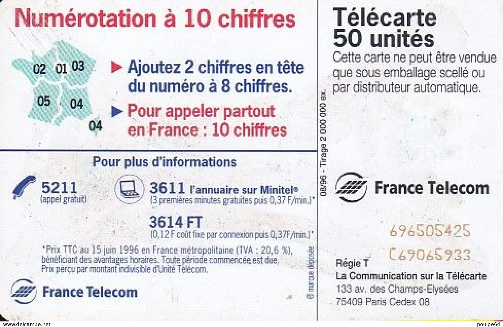 F685 08/1996 - MÉMORISATION À 10 CHIFFRES " Personnage Allo ! " - 50 SC7 -  - (verso : N° Deux Lignes Vers Le Bas) - 1996